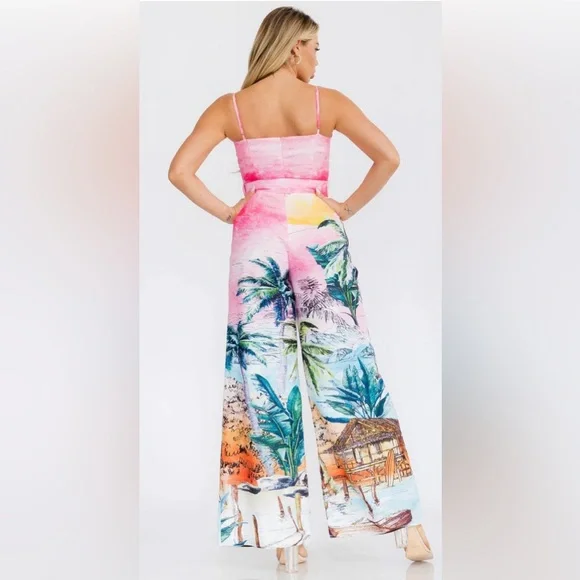 L’Artiste Tropical Print Wide Leg Belted Jumpsuit Pink Resort Medium - Picture 4 of 6